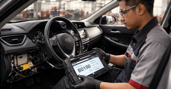 Technician fixing Toyota airbag DTC B0100