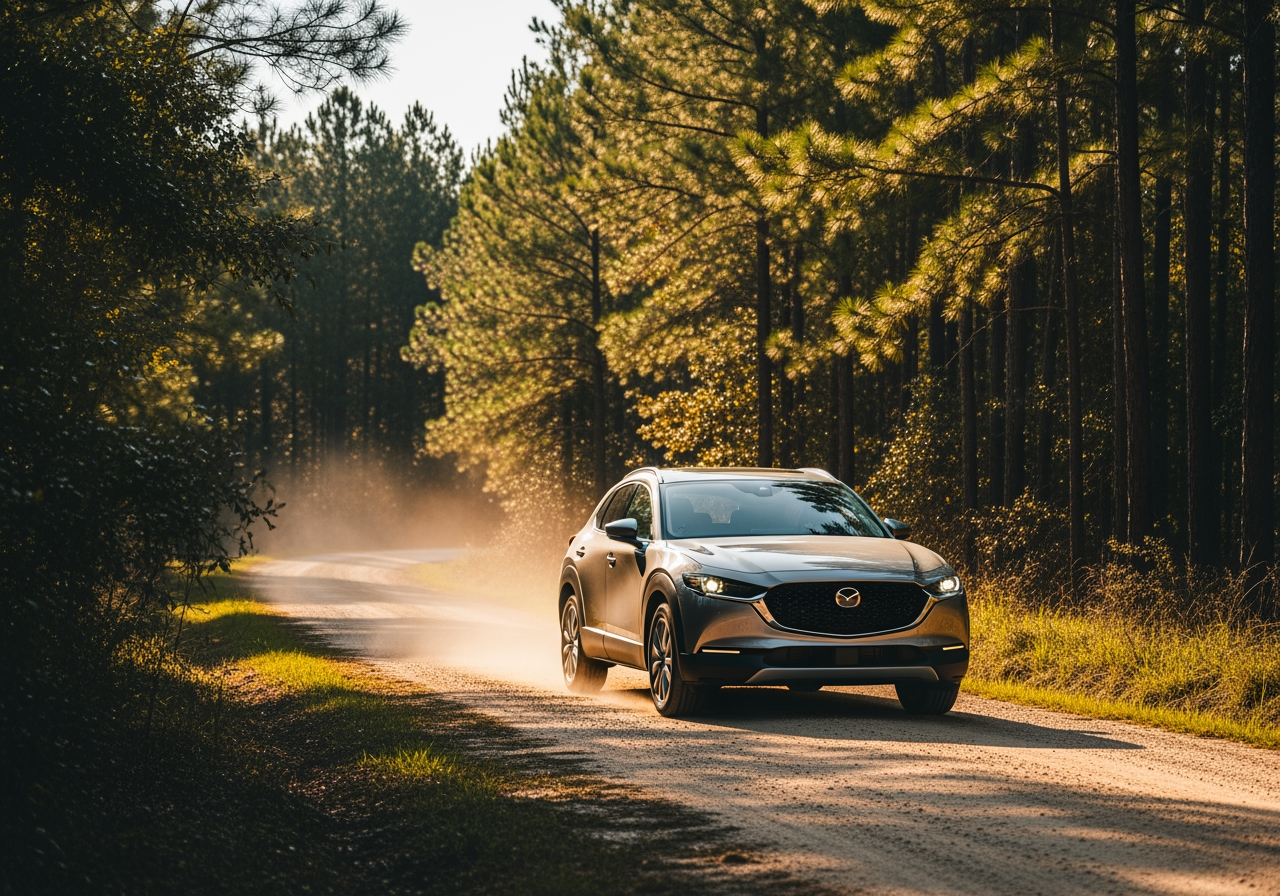 Firefly_Ultra-photorealistic Mazda CX-50 driving on a winding dirt back road in rural Georgia 399924