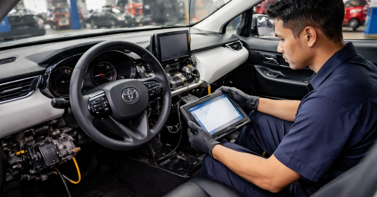 technician performing airbag module reset for Toyota