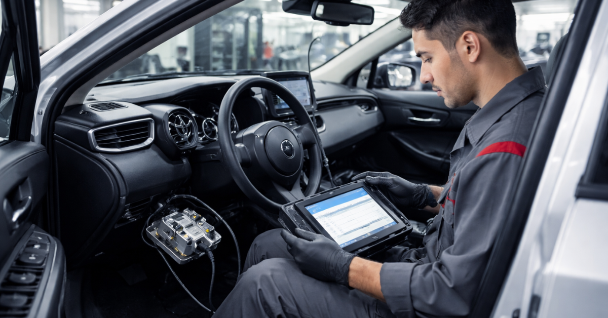 technician resetting Toyota airbag module